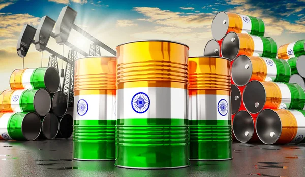 Oil Barrels Flag India Oil Extraction Wells Illustration — ストック写真