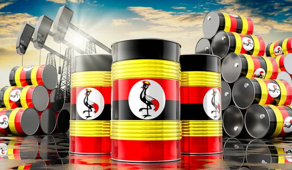 Ölfässer Mit Der Flagge Ugandas Und Ölförderquellen Illustration — Stockfoto