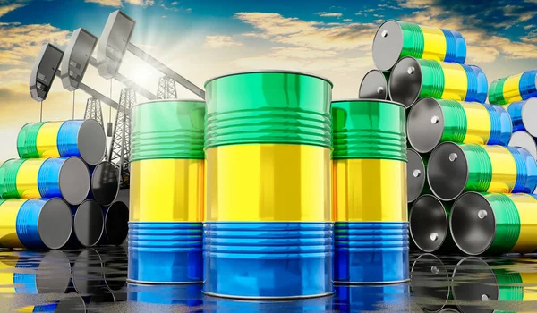 Нефтяные Бочки Флагом Габона Нефтедобывающих Скважин Иллюстрация — стоковое фото