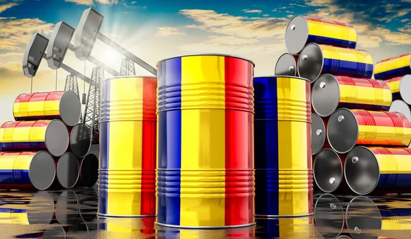 Çad bayraklı petrol varilleri ve petrol çıkarma kuyuları - 3 boyutlu illüstrasyon