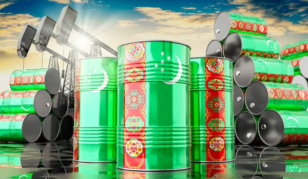 Нефтяные Баррели Флагом Туркменистана Нефтедобывающими Скважинами Иллюстрация — стоковое фото