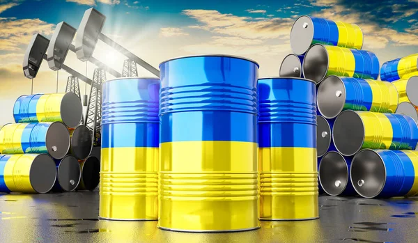 Barils Pétrole Avec Drapeau Ukraine Puits Extraction Pétrole Illustration — Photo
