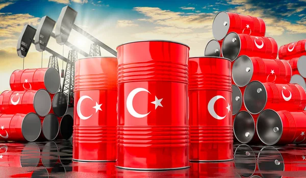 Oil Barrels Flag Turkey Oil Extraction Wells Illustration — Stock Photo, Image