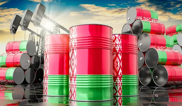 Beyaz Rusya bayrağı ve petrol çıkarma kuyularıyla dolu petrol varilleri - 3 boyutlu illüstrasyon