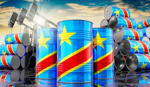Oljefat Med Kongos Flagga Och Oljeutvinningsbrunnar Illustration — Stockfoto