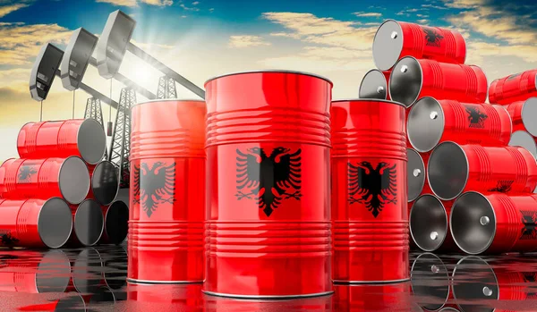 Oil barrels with flag of Albania and oil extraction wells - 3D illustration