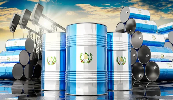 Guatemala bayrağı ve petrol çıkarma kuyularıyla dolu petrol varilleri - 3 boyutlu illüstrasyon