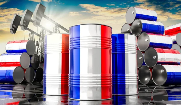 Fransa bayrağı ve petrol çıkarma kuyuları olan petrol varilleri - 3 boyutlu illüstrasyon
