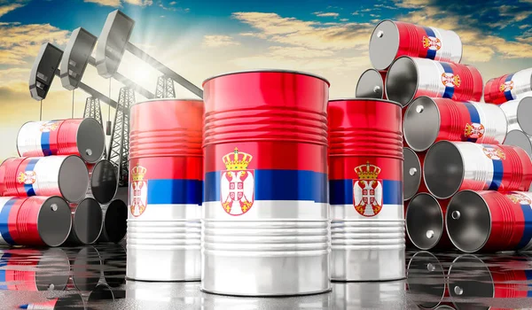 Sırbistan bayrağı ve petrol çıkarma kuyularıyla dolu petrol varilleri - 3 boyutlu illüstrasyon