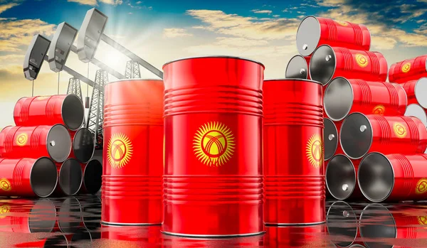 Kırgızistan bayrağı ve petrol çıkarma kuyularıyla dolu petrol varilleri - 3 boyutlu illüstrasyon