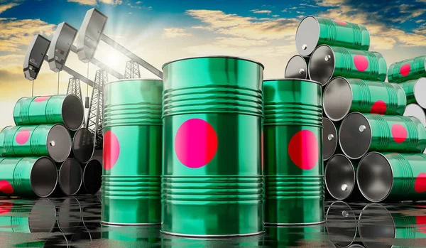 Bangladeş bayrağı ve petrol çıkarma kuyularıyla dolu petrol varilleri - 3 boyutlu illüstrasyon