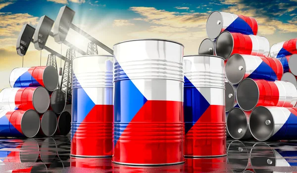 Нефтяные Баррели Флагом Чешской Республики Нефтедобывающими Скважинами Иллюстрация — стоковое фото