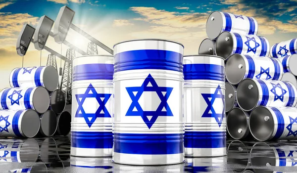 Oil Barrels Flag Israel Oil Extraction Wells Illustration — Foto Stock