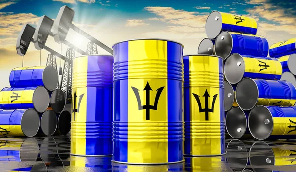 Barbados bayrağı ve petrol çıkarma kuyularıyla dolu petrol varilleri - 3 boyutlu illüstrasyon