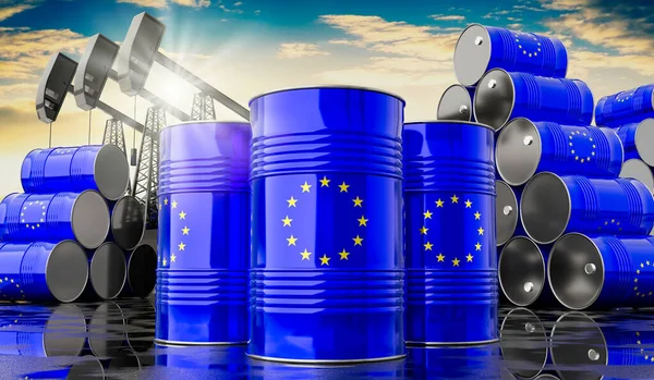 Avrupa Birliği bayraklı petrol varilleri ve petrol çıkarma kuyuları - 3 boyutlu illüstrasyon