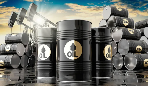 Black Oil Barrels Oil Extraction Wells Illustration — Photo