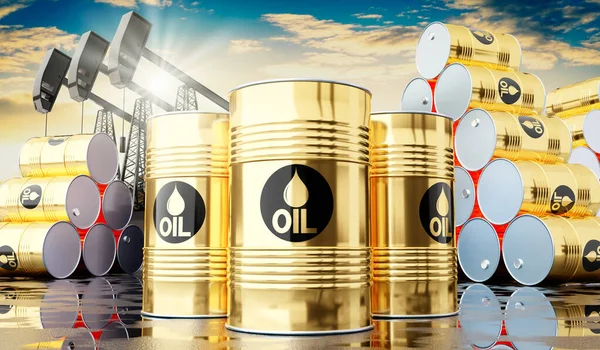 Golden Oil Barrels Oil Extraction Wells Illustration — Photo