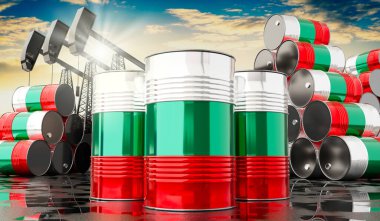 Bulgaristan bayrağı ve petrol çıkarma kuyularıyla dolu petrol varilleri - 3 boyutlu illüstrasyon