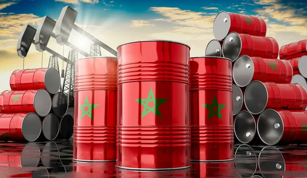 Oljefat Med Marockansk Flagg Och Oljeutvinningsbrunnar Illustration — Stockfoto
