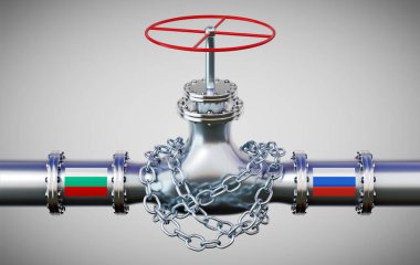 Bulgaristan ve Rusya 'nın bayraklı doğalgaz boru hattı, zincir - 3D illüstrasyon