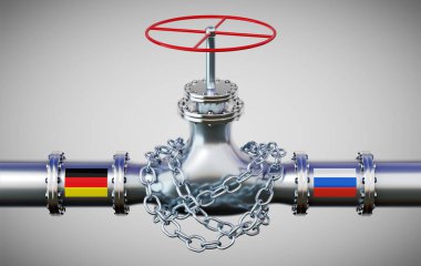 Almanya ve Rusya 'nın bayraklı doğalgaz boru hattı, zincir - 3D illüstrasyon