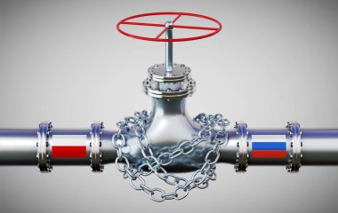 Polonya ve Rusya 'nın bayraklı doğalgaz boru hattı, zincir - 3D illüstrasyon