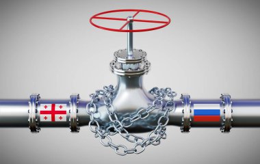 Gürcistan ve Rusya 'nın bayraklı doğalgaz boru hattı, zincir - 3D illüstrasyon