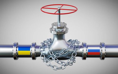 Ukrayna ve Rusya bayraklı doğalgaz boru hattı, zincir - 3D illüstrasyon