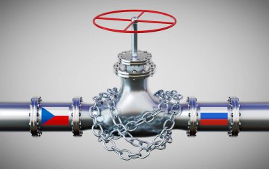 Çek Cumhuriyeti ve Rusya bayraklı doğalgaz boru hattı, zincir - 3D illüstrasyon