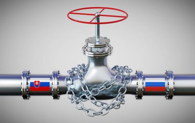 Slovakya ve Rusya 'nın bayraklı doğalgaz boru hattı, zincir - 3D illüstrasyon