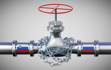 Slovenya ve Rusya bayraklı doğalgaz boru hattı, zincir - 3D illüstrasyon