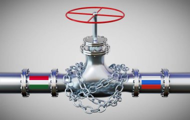 Macaristan ve Rusya 'nın bayraklı doğalgaz boru hattı, zincir - 3D illüstrasyon