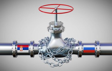 Sırbistan ve Rusya 'nın bayraklı doğalgaz boru hattı, zincir - 3D illüstrasyon