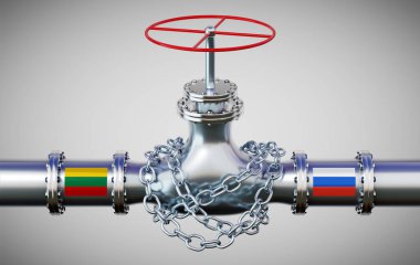 Litvanya ve Rusya bayraklı doğalgaz boru hattı, zincir - 3D illüstrasyon