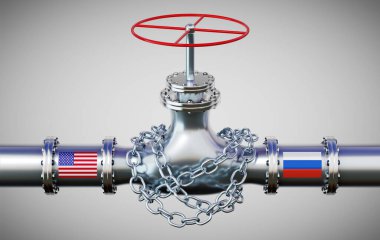 ABD ve Rusya bayraklı doğalgaz boru hattı, zincir - 3D illüstrasyon