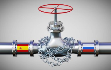 İspanya ve Rusya 'nın bayraklı doğalgaz boru hattı, zincir - 3D illüstrasyon