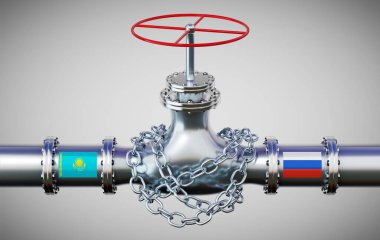 Kazakistan ve Rusya 'nın bayraklı doğalgaz boru hattı, zincir - 3D illüstrasyon