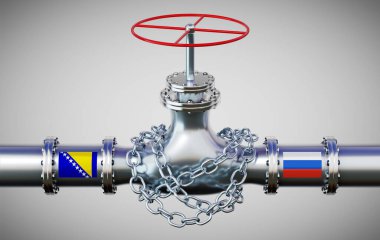 Bosna-Hersek ve Rusya 'nın bayraklı doğalgaz boru hattı, zincir - 3D illüstrasyon