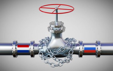 Hollanda ve Rusya bayraklı doğalgaz boru hattı, zincir - 3D illüstrasyon