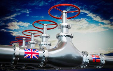 Gaz boru hattı, Birleşik Krallık ve Norveç bayrakları - 3D illüstrasyon