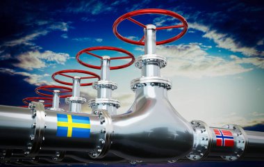 Gaz boru hattı, İsveç ve Norveç bayrakları - 3D illüstrasyon