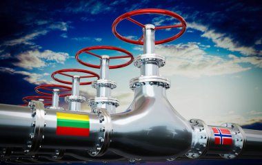 Gaz boru hattı, Litvanya ve Norveç bayrakları - 3D illüstrasyon