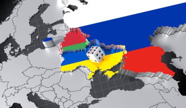 Rusya, Belarus ve Ukrayna haritası / bayraklar, zar - 3D illüstrasyon