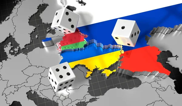 Russland Weißrussland Und Ukraine Karte Flaggen Würfel Illustration — Stockfoto