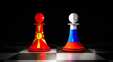 Kuzey Makedonya ve Rusya ilişkileri, ulusal bayraklı satranç piyonları - 3D illüstrasyon