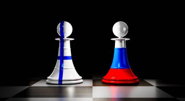 Finlandiya ve Rusya ilişkileri, ulusal bayraklı satranç piyonları - 3D illüstrasyon