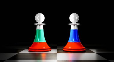 Bulgaristan ve Rusya ilişkileri, ulusal bayraklı satranç piyonları - 3D illüstrasyon