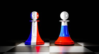 Fransa ve Rusya ilişkileri, ulusal bayraklı satranç piyonları - 3D illüstrasyon