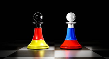 Almanya ve Rusya ilişkileri, ulusal bayraklı satranç piyonları - 3 boyutlu illüstrasyon