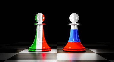 İtalya ve Rusya ilişkileri, ulusal bayraklı satranç piyonları - 3D illüstrasyon